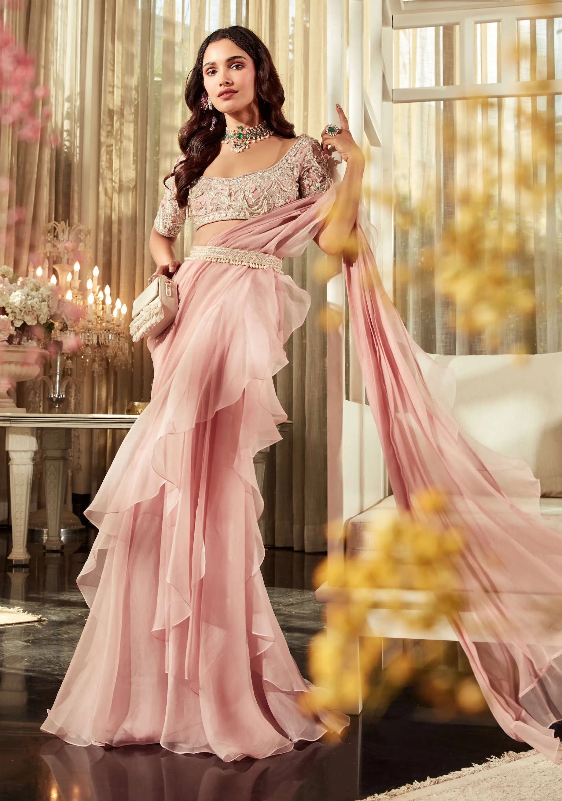 Lone Pink Embroidered Draped Saree Set
