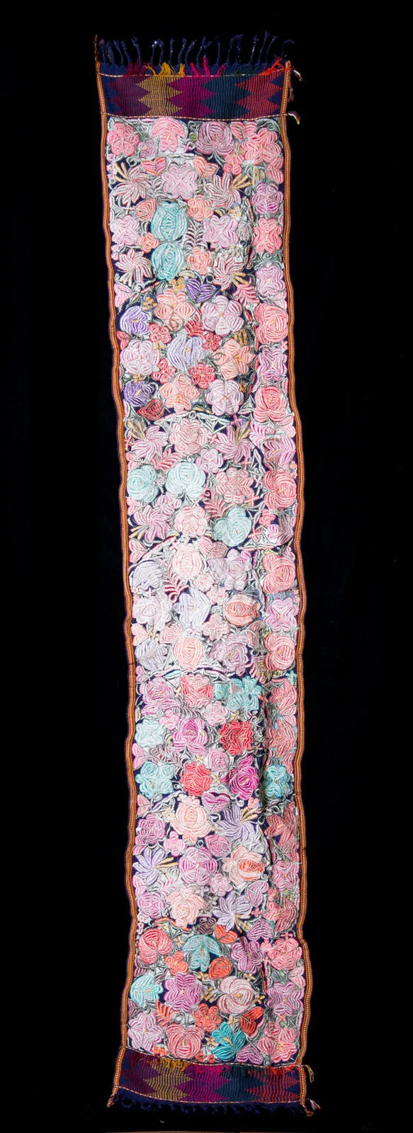LONG EMBROIDERED RUNNER WITH MULTI COLOUR FLOWERS FROM CHIAPAS MEXICO.