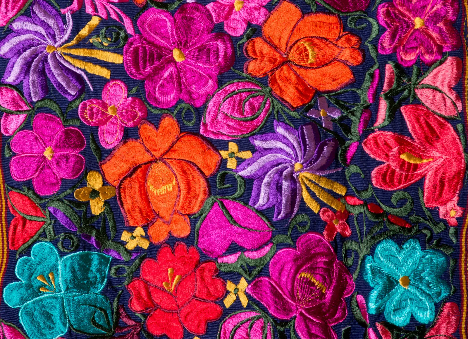 LONG EMBROIDERED RUNNER WITH MULTI COLOUR FLOWERS FROM CHIAPAS MEXICO.