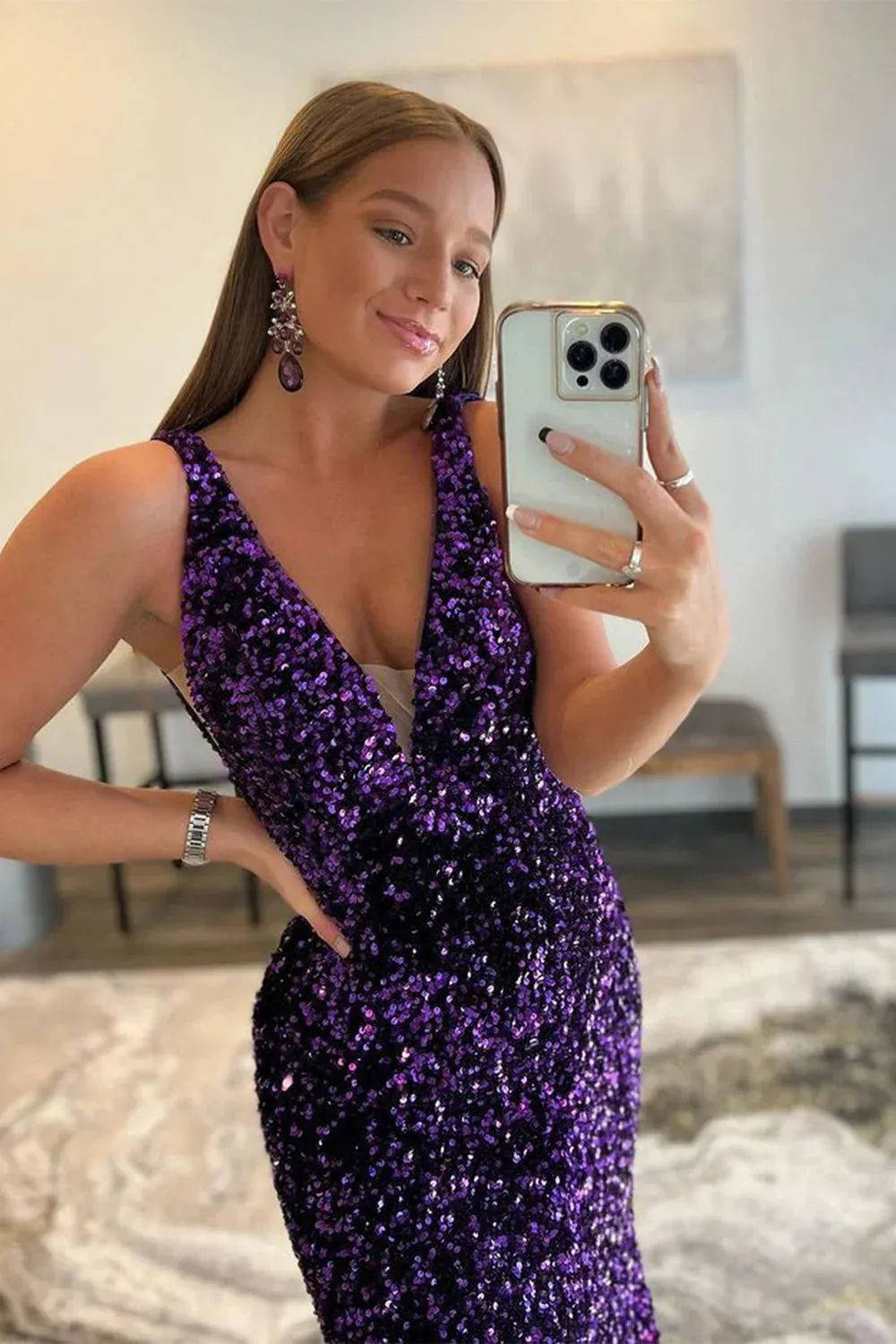 Long Purple Sequins Prom Dress UK Deep V Neck Mermaid