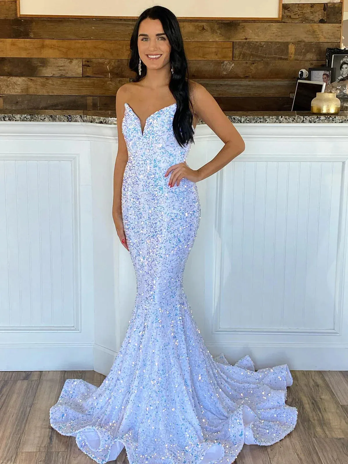 Long Red Sequins Prom Dresses Mermaid Strapless Formal Dress