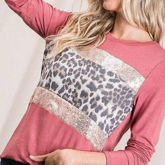 Long sleeve leopard and sequin contrast top