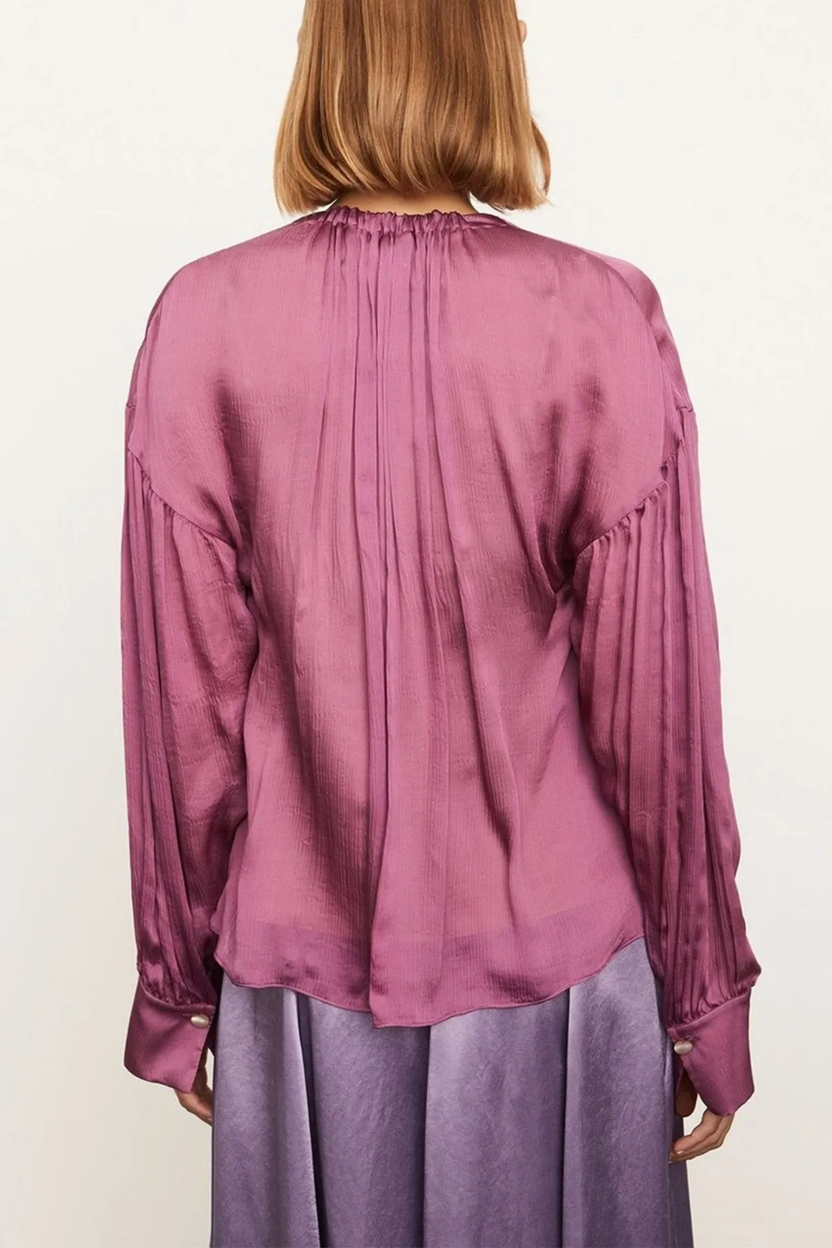 Long Sleeve Shirred Neck Blouse in Camellia