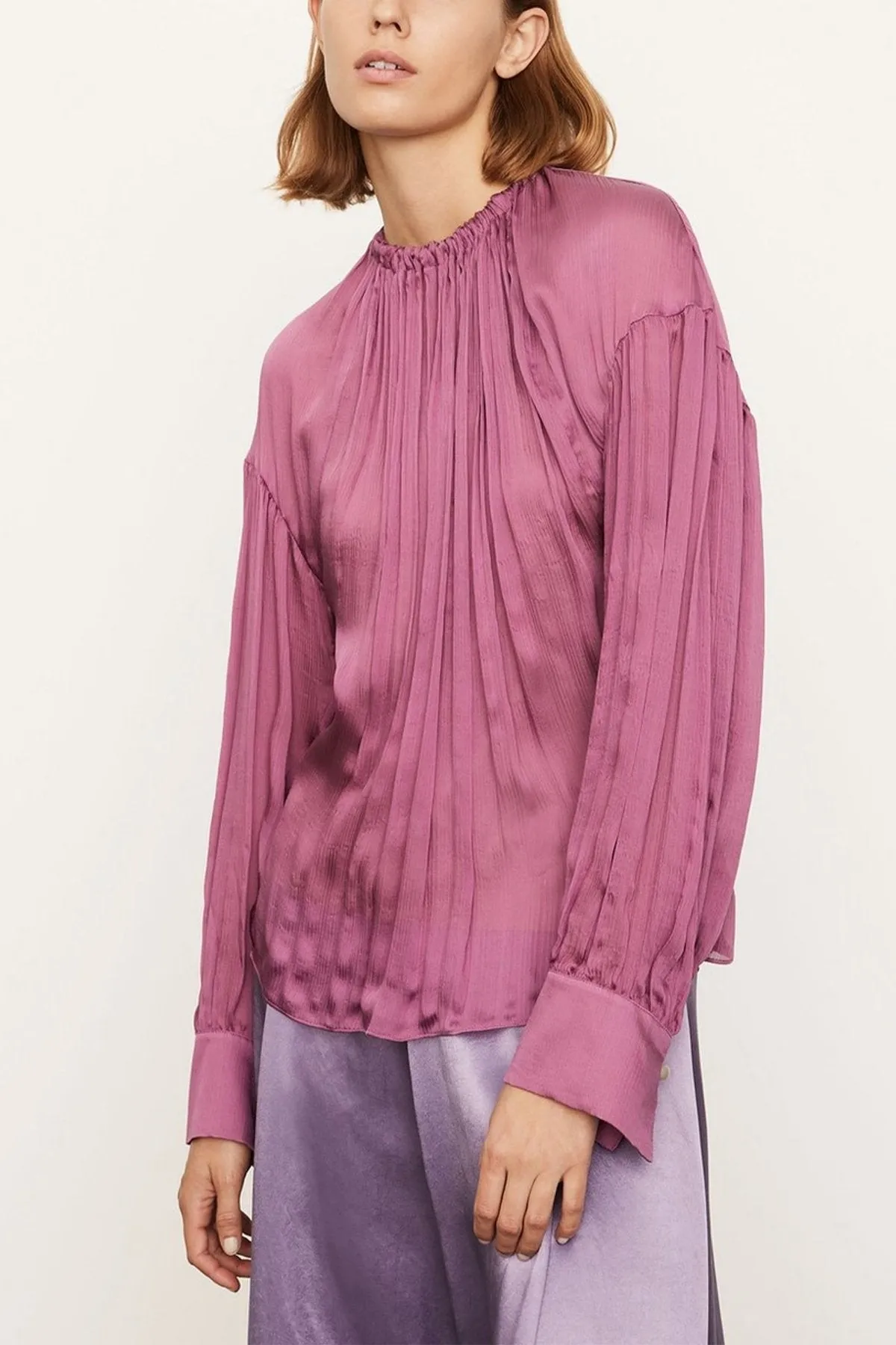 Long Sleeve Shirred Neck Blouse in Camellia