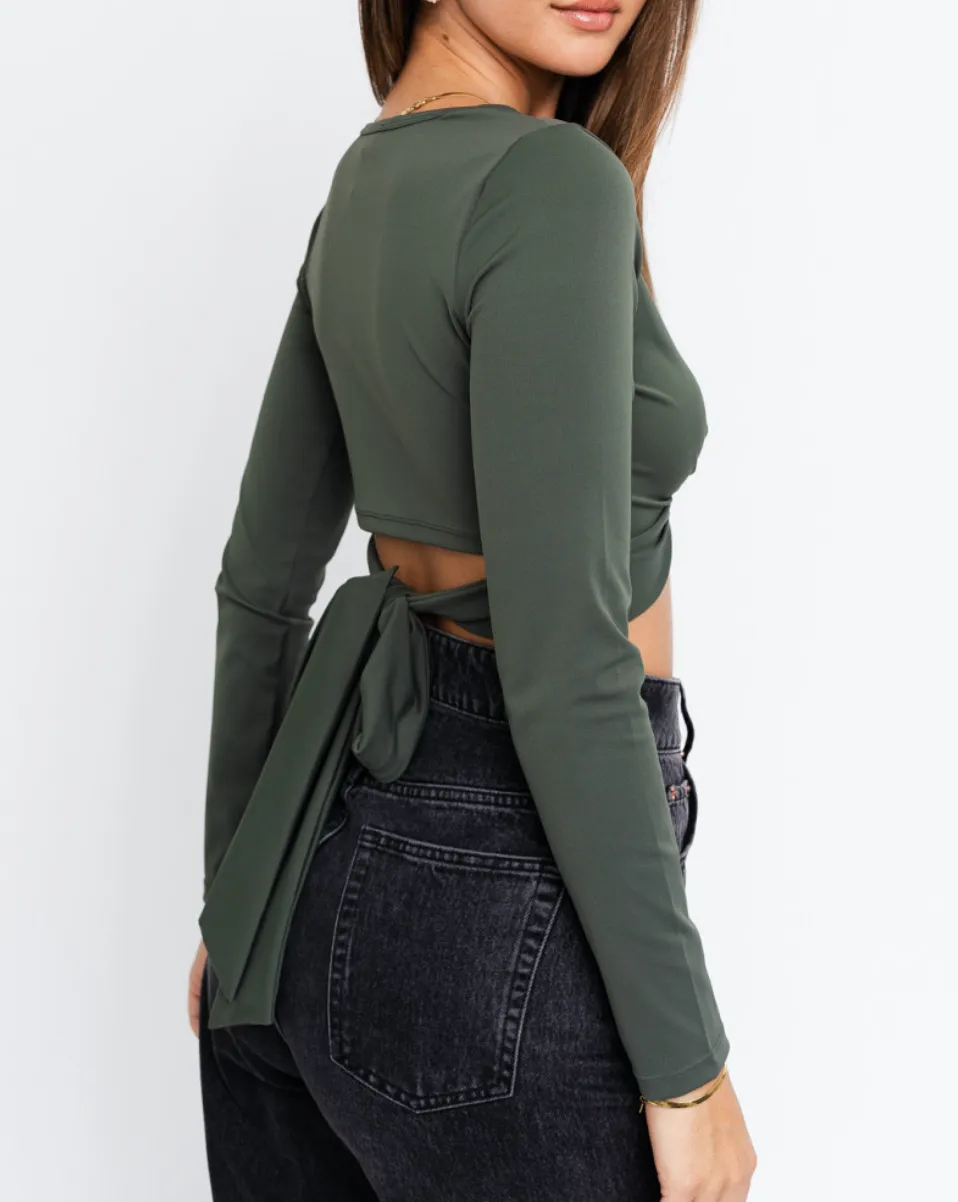 Long Sleeve Twist Tie Back Crew Neck Crop Top