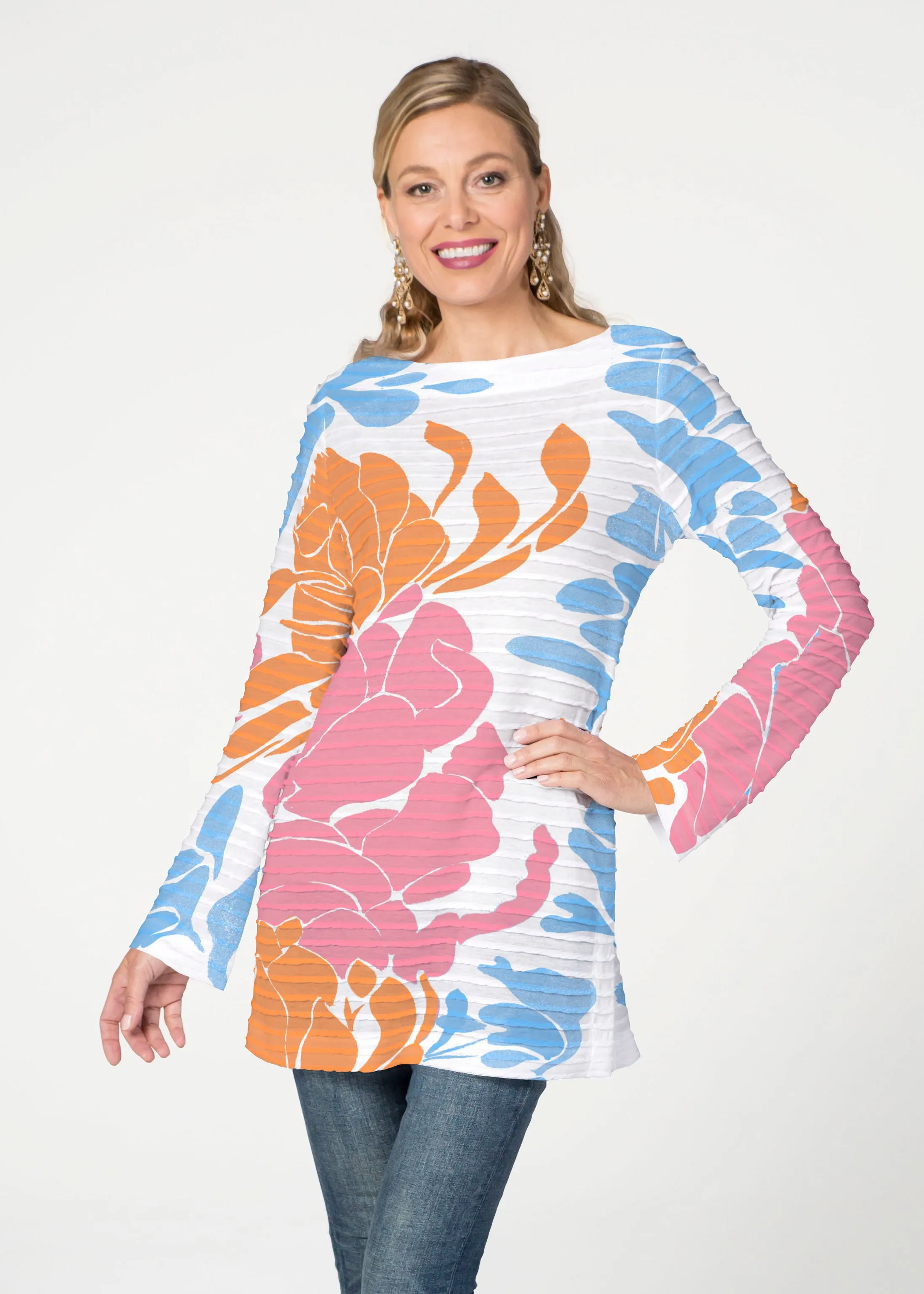 Lotus Pink/Orange (23058) ~ Banded Boatneck Tunic