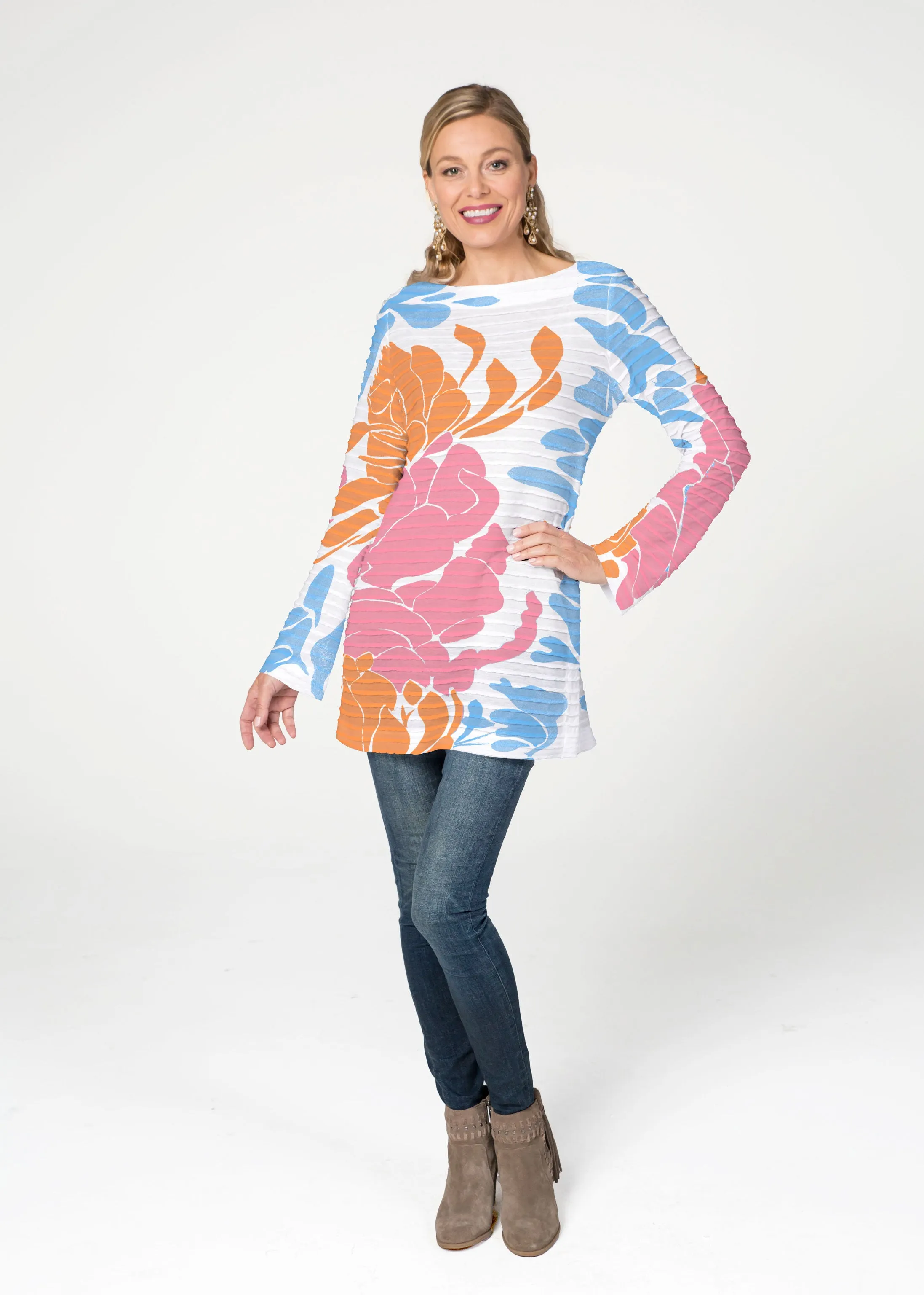 Lotus Pink/Orange (23058) ~ Banded Boatneck Tunic