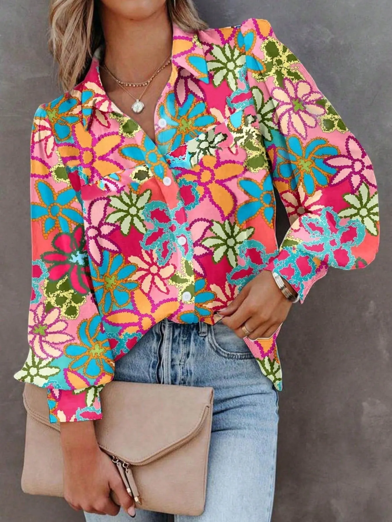 LUNE Women'S Colorful Flower Print Long Sleeve Shirt