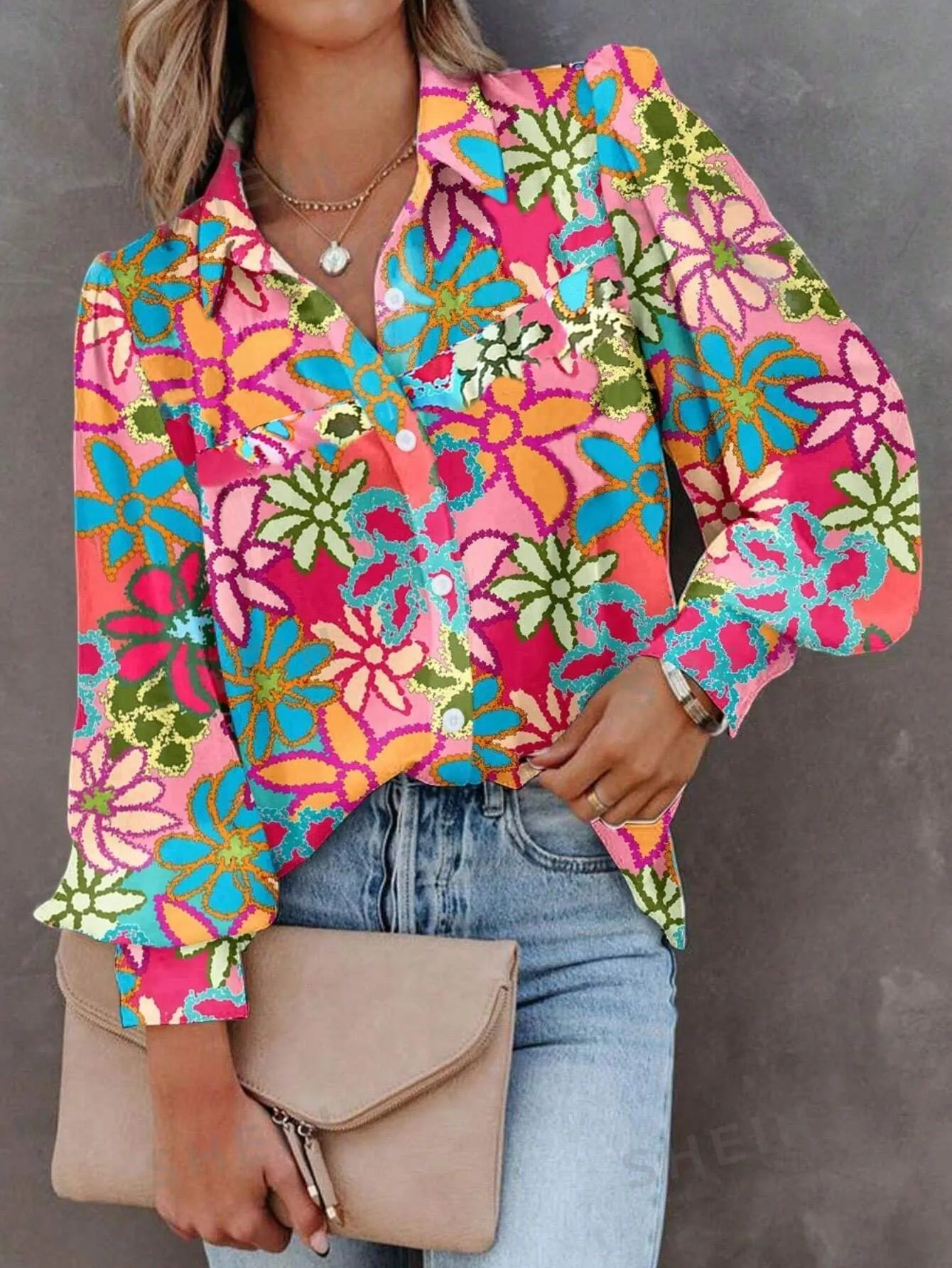 LUNE Women'S Colorful Flower Print Long Sleeve Shirt