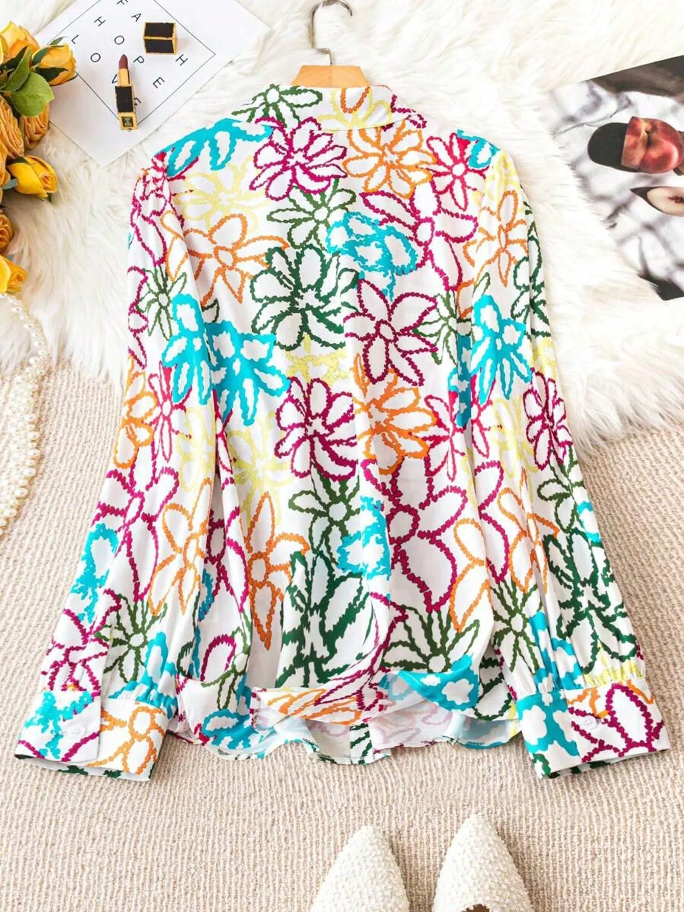 LUNE Women'S Colorful Flower Print Long Sleeve Shirt