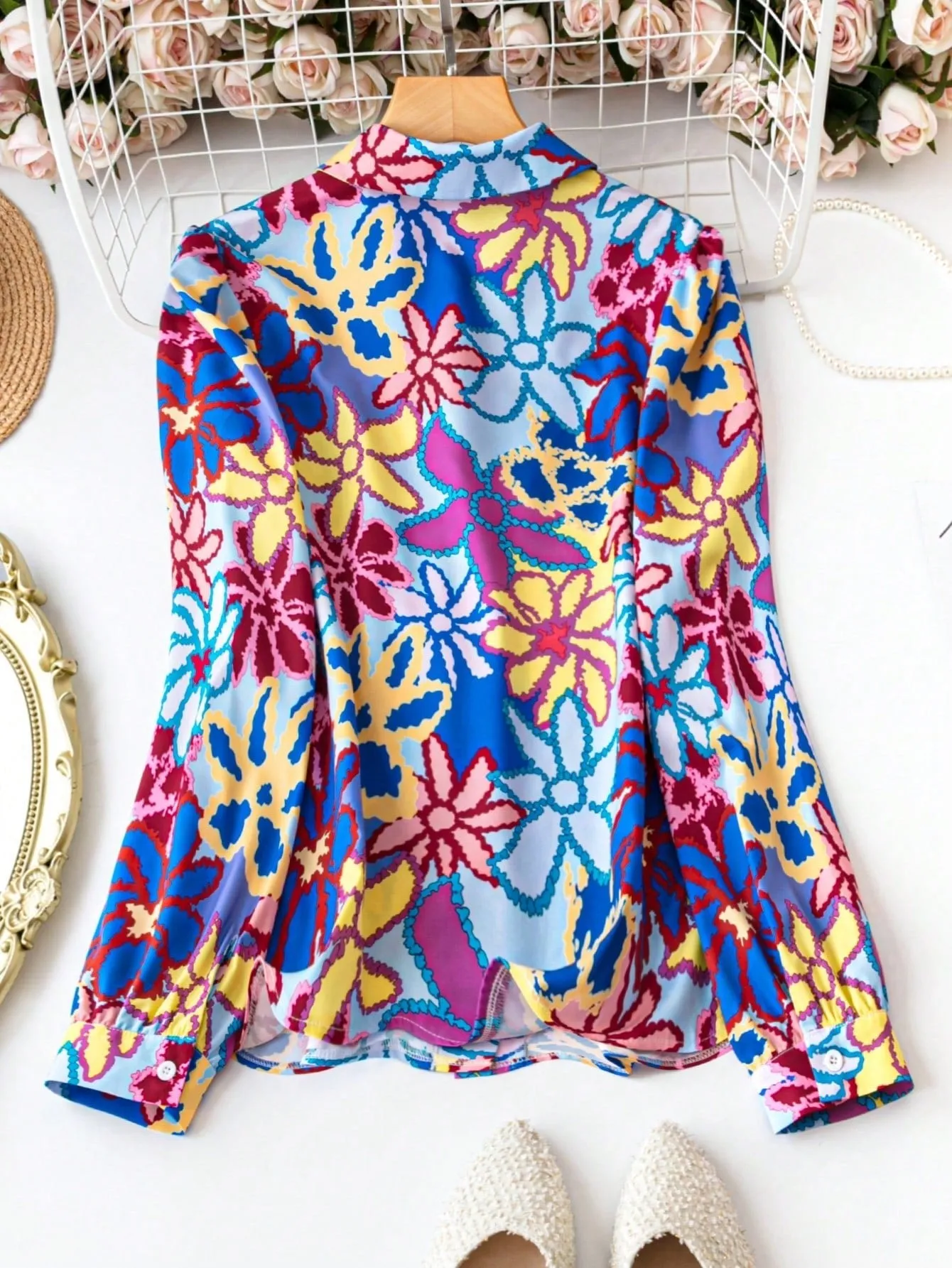 LUNE Women'S Colorful Flower Print Long Sleeve Shirt