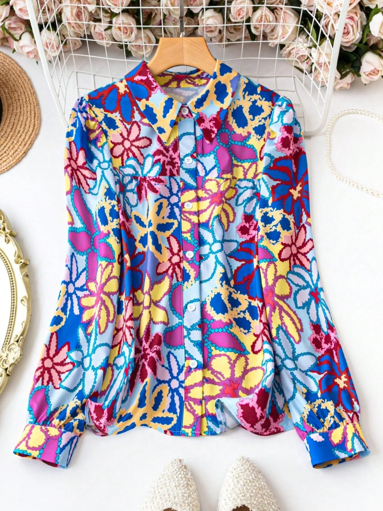 LUNE Women'S Colorful Flower Print Long Sleeve Shirt