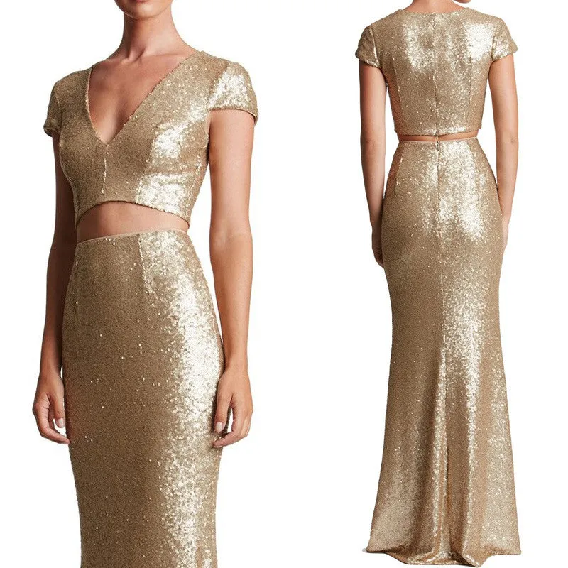 MACloth Cap Sleeve Two Piece Prom Dress long Sequin Formal Evening Gown