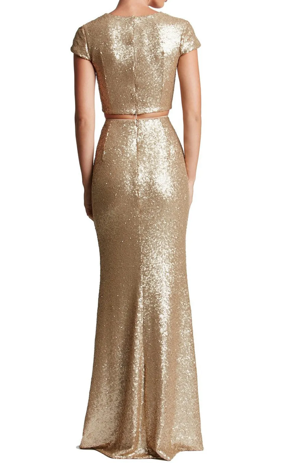 MACloth Cap Sleeve Two Piece Prom Dress long Sequin Formal Evening Gown