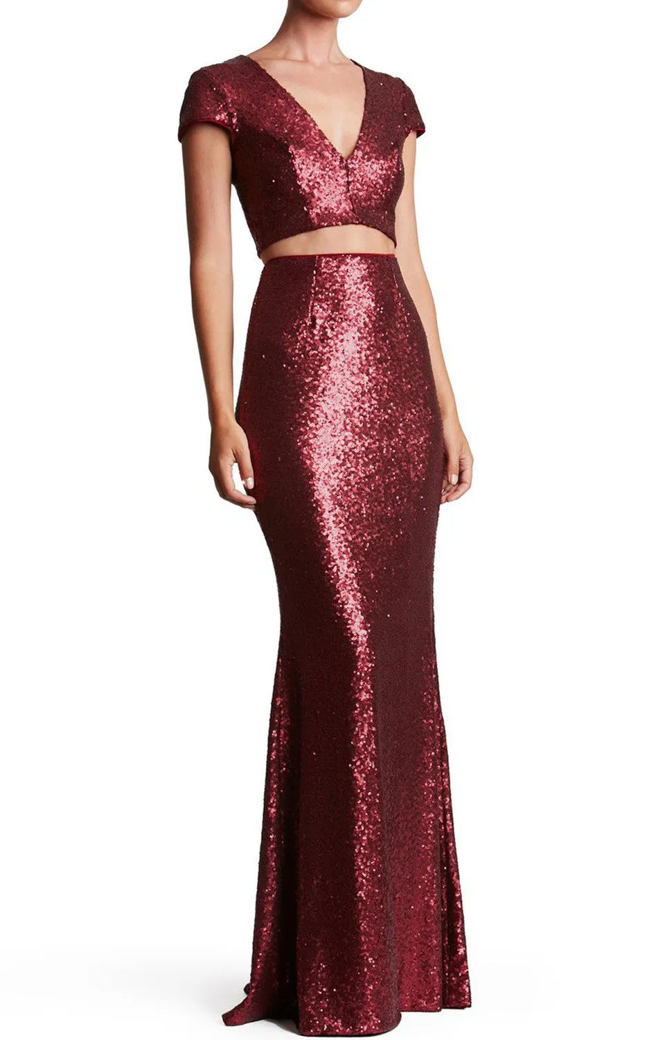 MACloth Cap Sleeve Two Piece Prom Dress long Sequin Formal Evening Gown