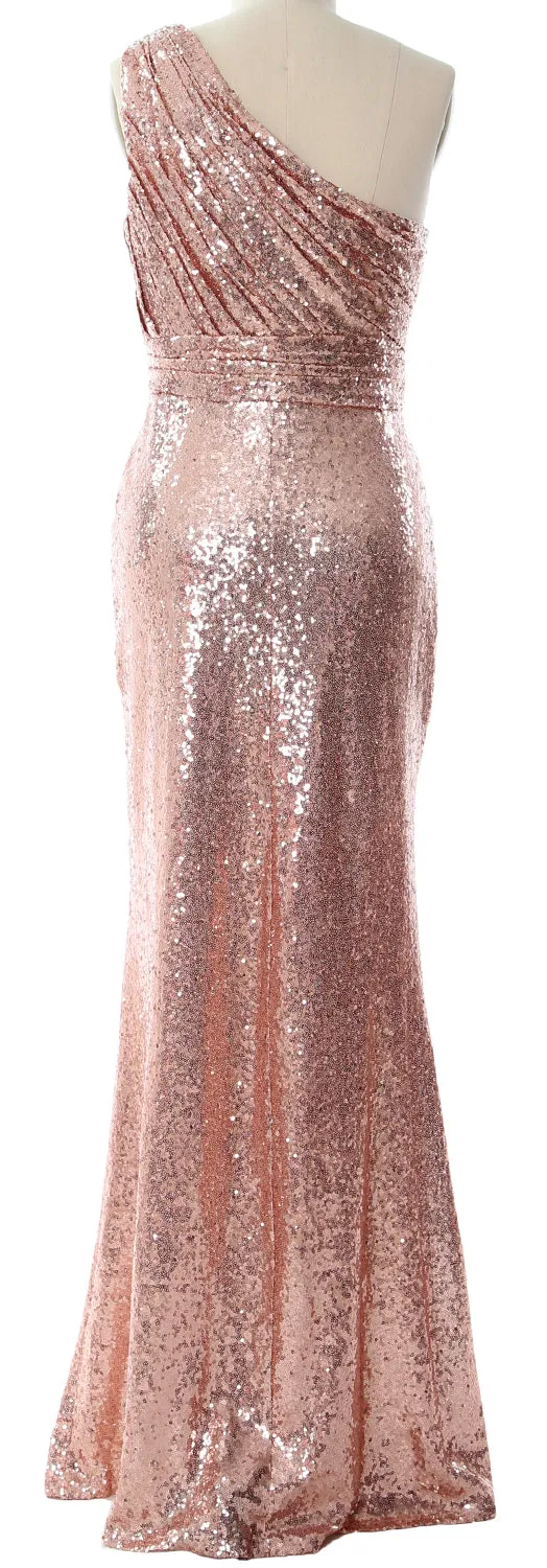 MACloth Women Bridesmaid Dresses One Shoulder Sequin Long Formal Gown Bridal