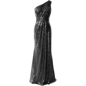 MACloth Women Bridesmaid Dresses One Shoulder Sequin Long Formal Gown Bridal