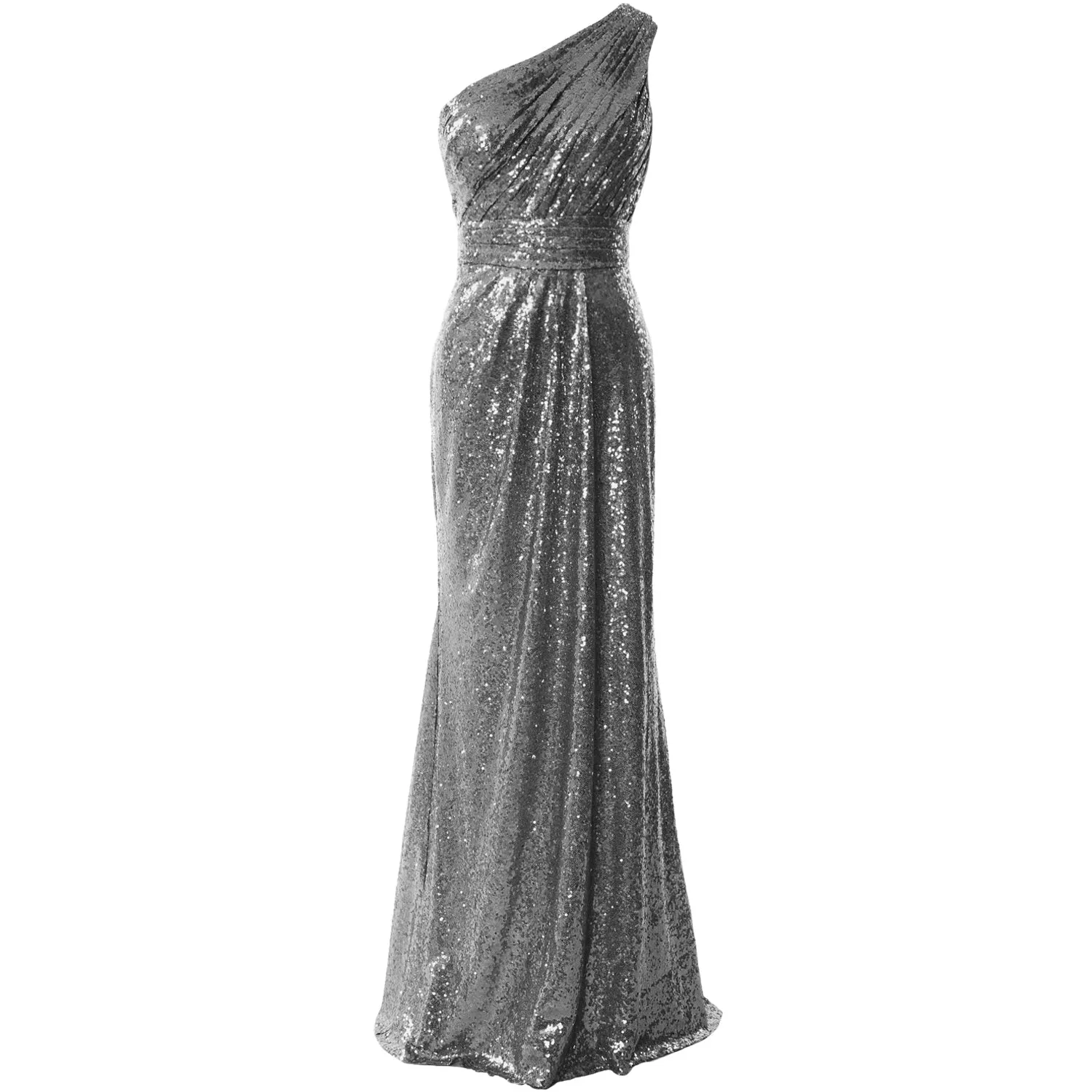 MACloth Women Bridesmaid Dresses One Shoulder Sequin Long Formal Gown Bridal