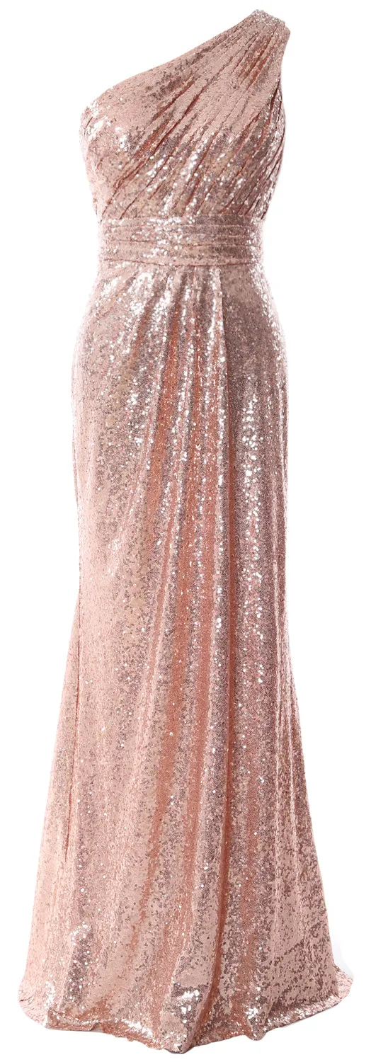 MACloth Women Bridesmaid Dresses One Shoulder Sequin Long Formal Gown Bridal