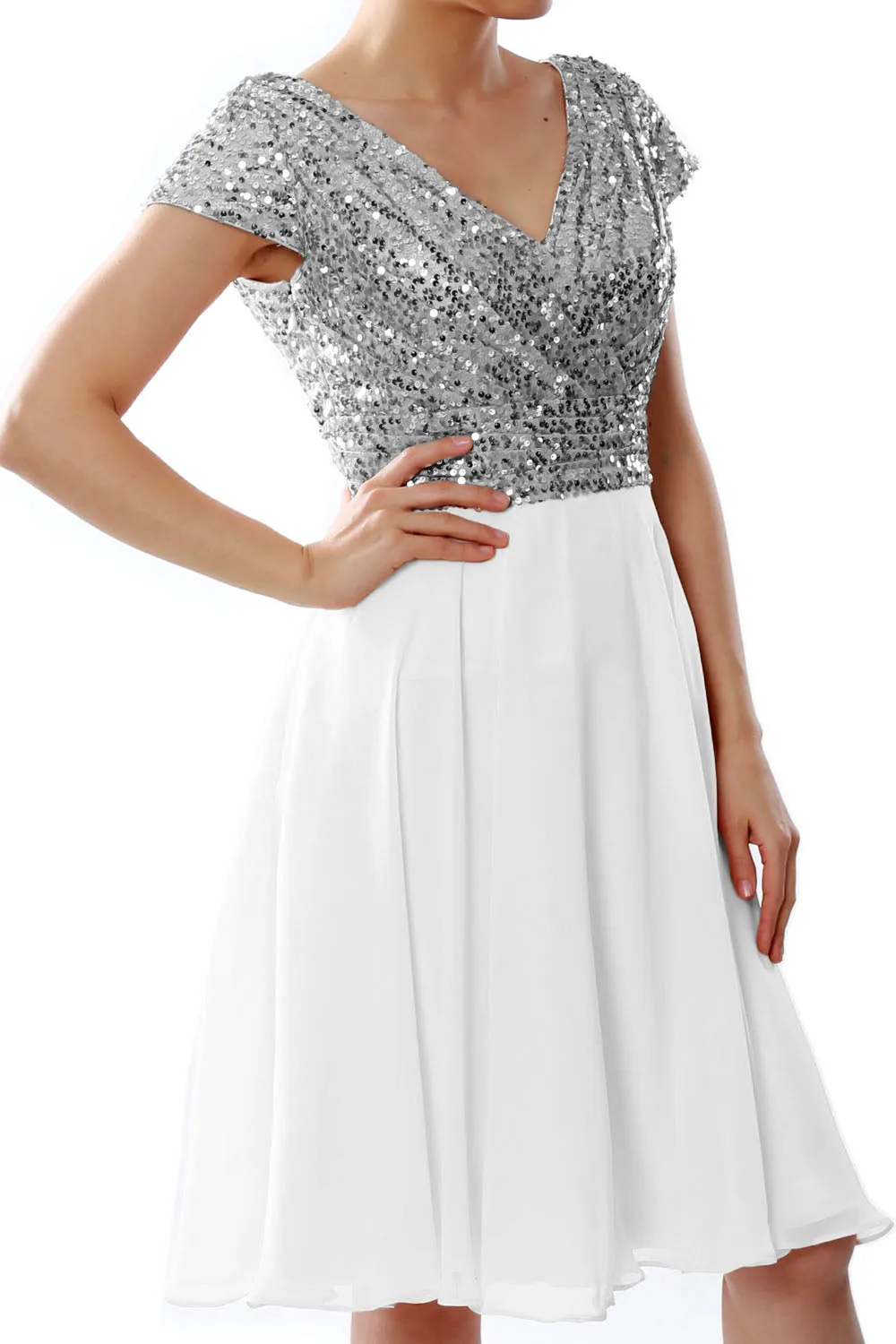 MACloth Women Short Mother of Bride Dresses Cap Sleeves Bridesmaid Sequin