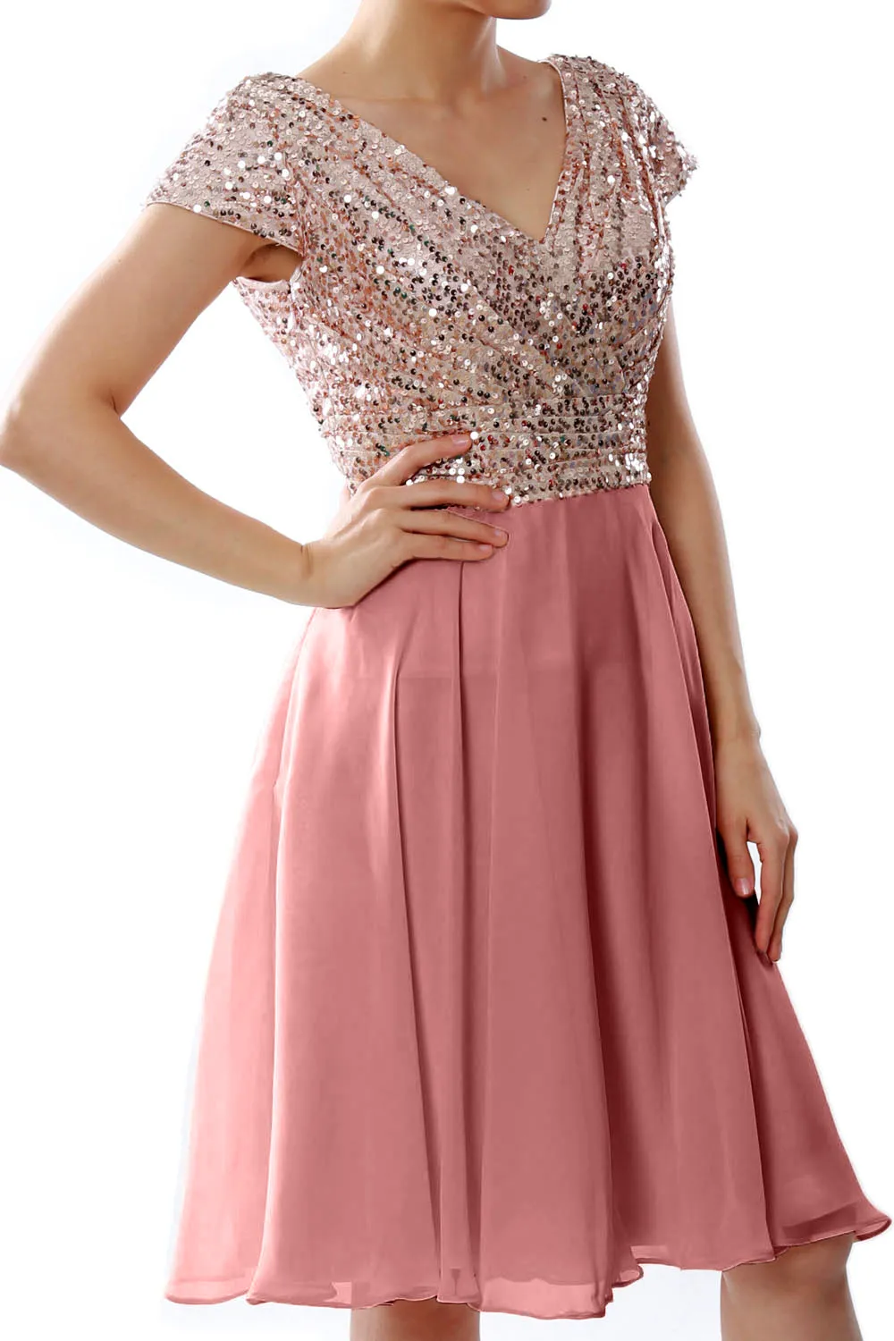 MACloth Women Short Mother of Bride Dresses Cap Sleeves Bridesmaid Sequin