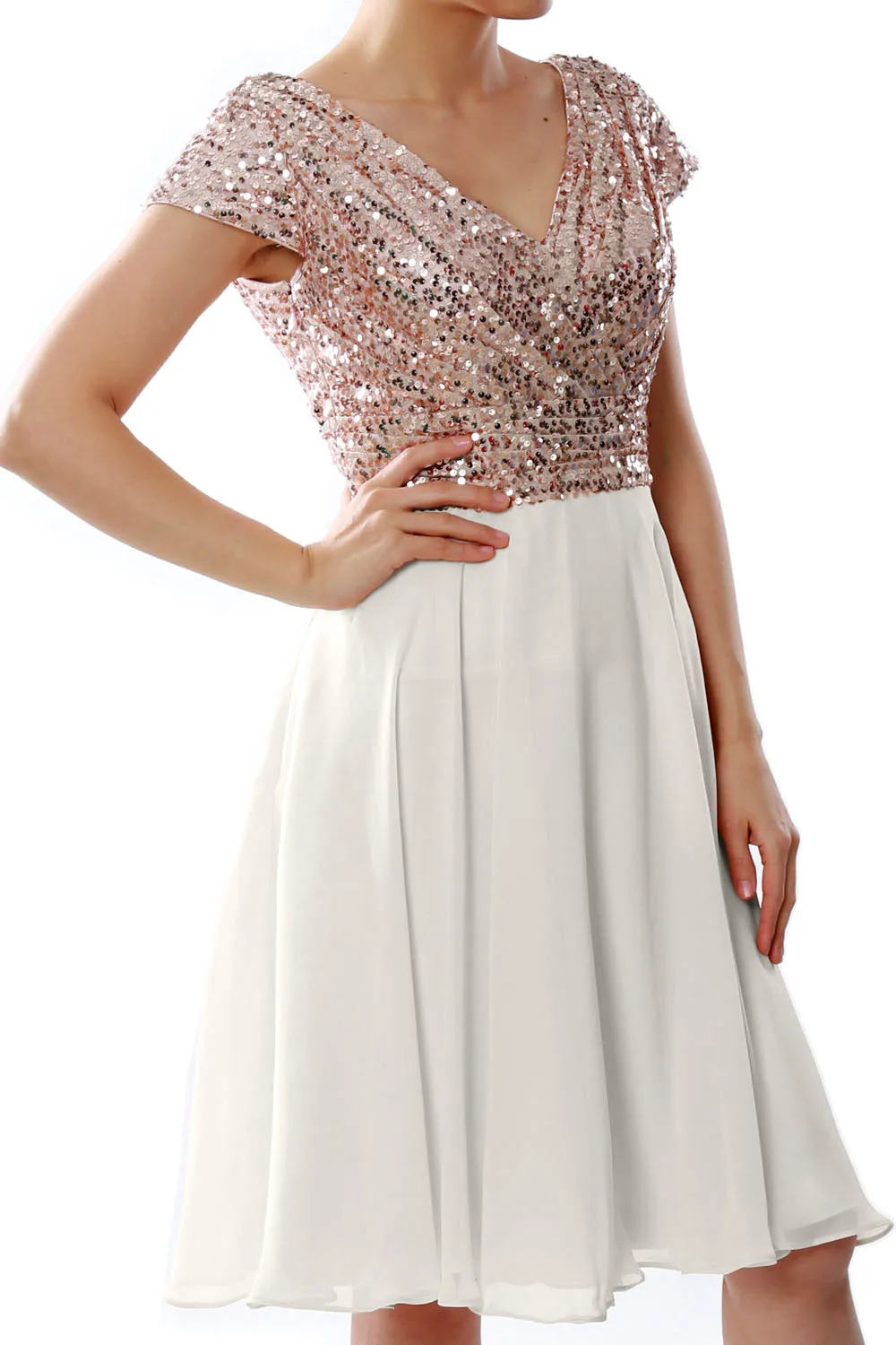 MACloth Women Short Mother of Bride Dresses Cap Sleeves Bridesmaid Sequin