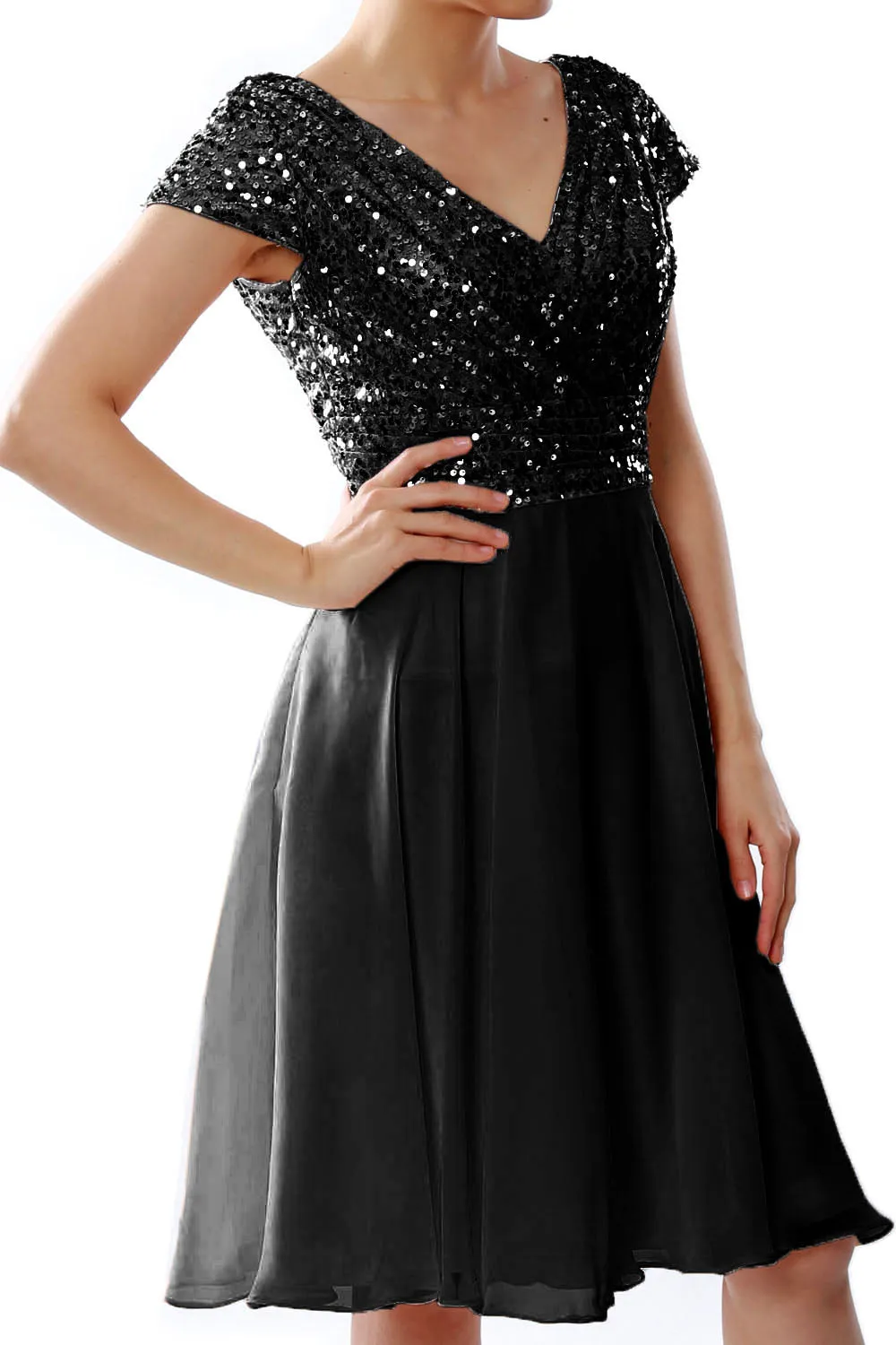 MACloth Women Short Mother of Bride Dresses Cap Sleeves Bridesmaid Sequin