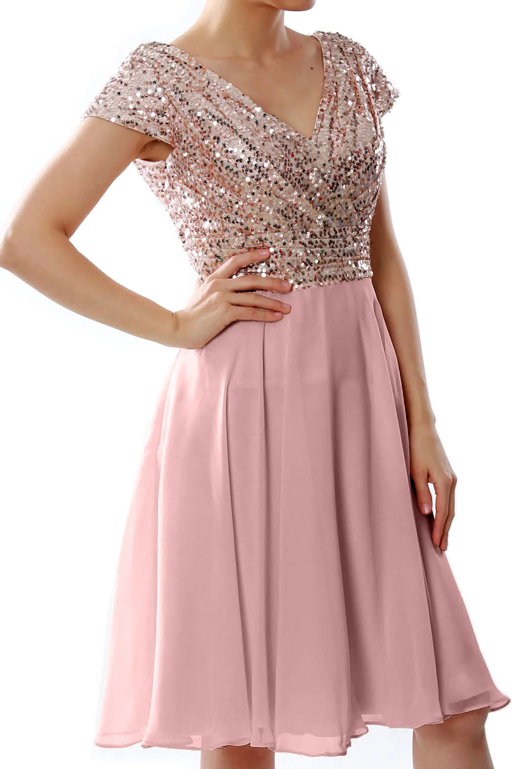 MACloth Women Short Mother of Bride Dresses Cap Sleeves Bridesmaid Sequin