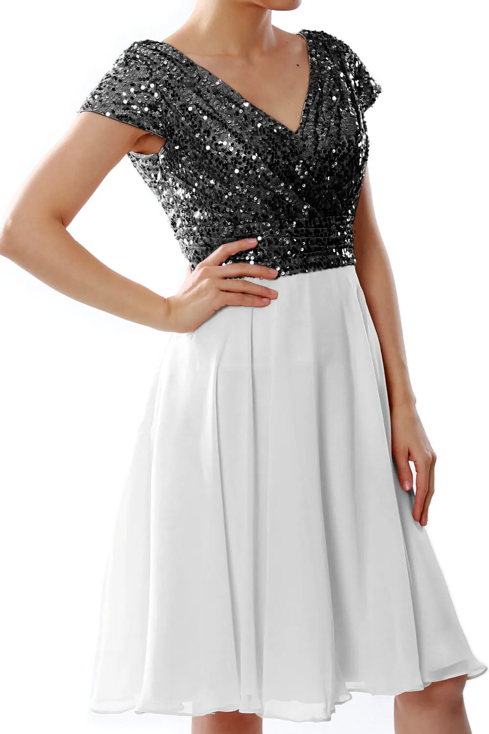 MACloth Women Short Mother of Bride Dresses Cap Sleeves Bridesmaid Sequin
