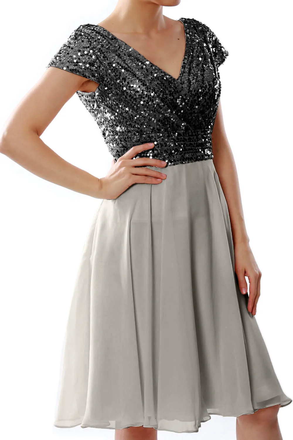 MACloth Women Short Mother of Bride Dresses Cap Sleeves Bridesmaid Sequin