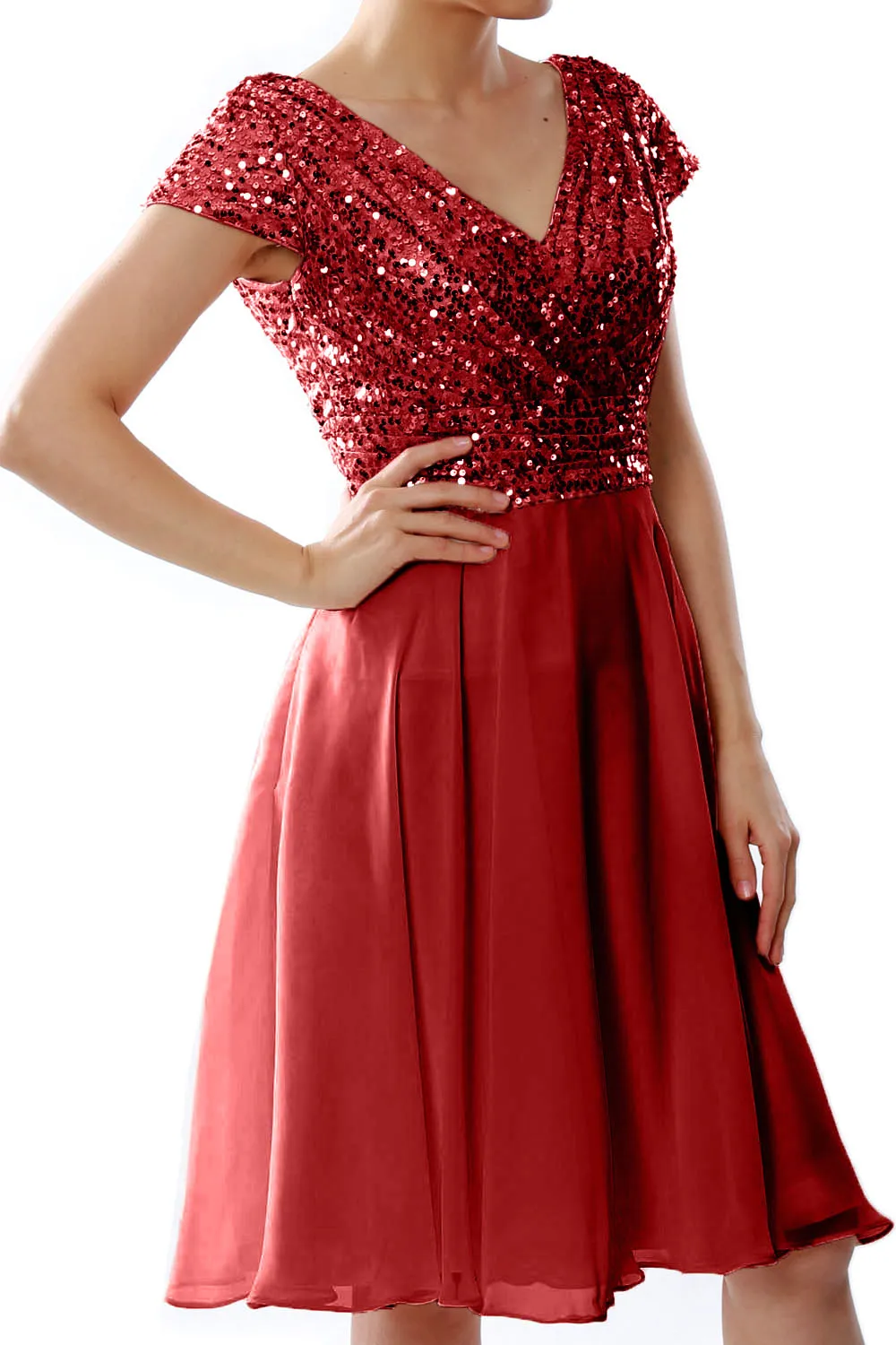MACloth Women Short Mother of Bride Dresses Cap Sleeves Bridesmaid Sequin