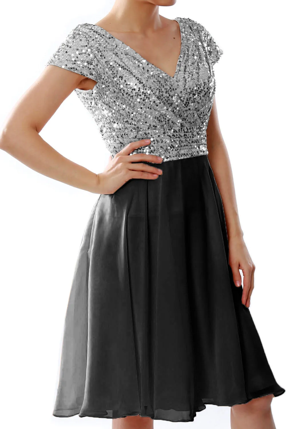 MACloth Women Short Mother of Bride Dresses Cap Sleeves Bridesmaid Sequin