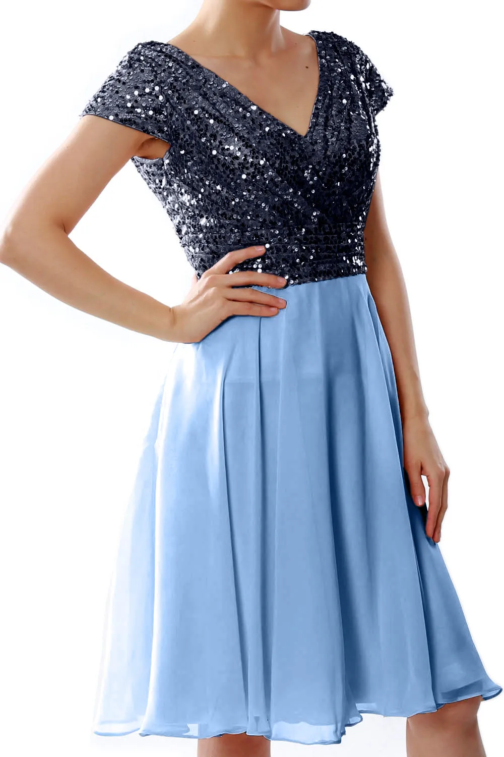 MACloth Women Short Mother of Bride Dresses Cap Sleeves Bridesmaid Sequin
