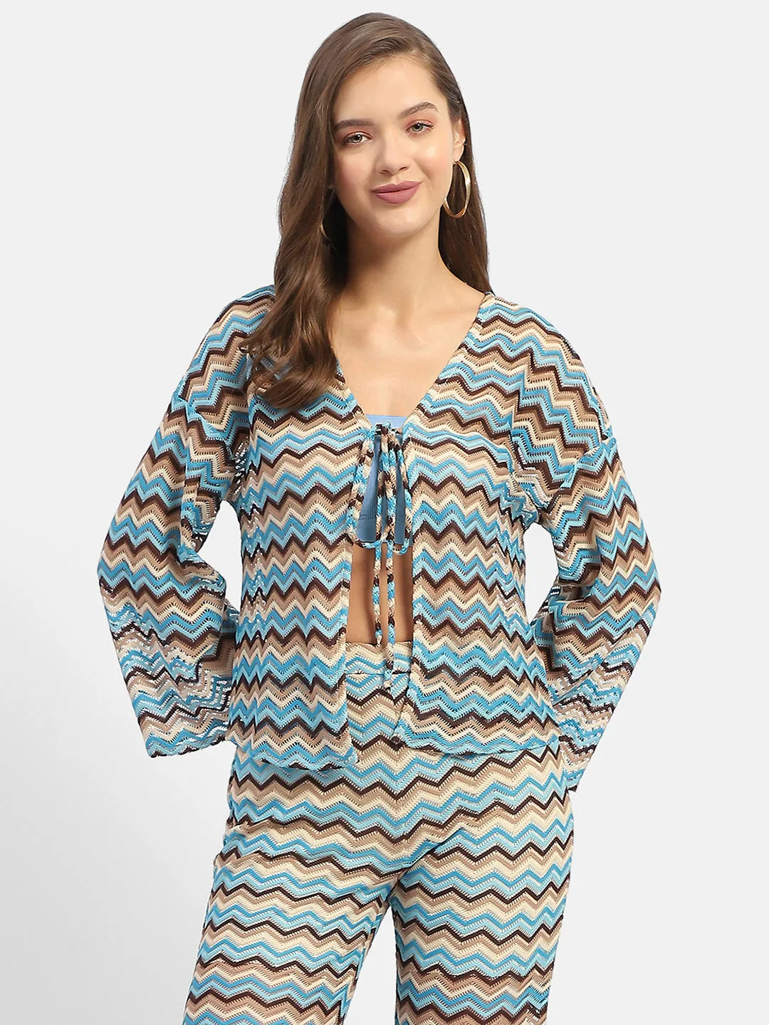 Madame Geometric Print Blue Knitted Shrug