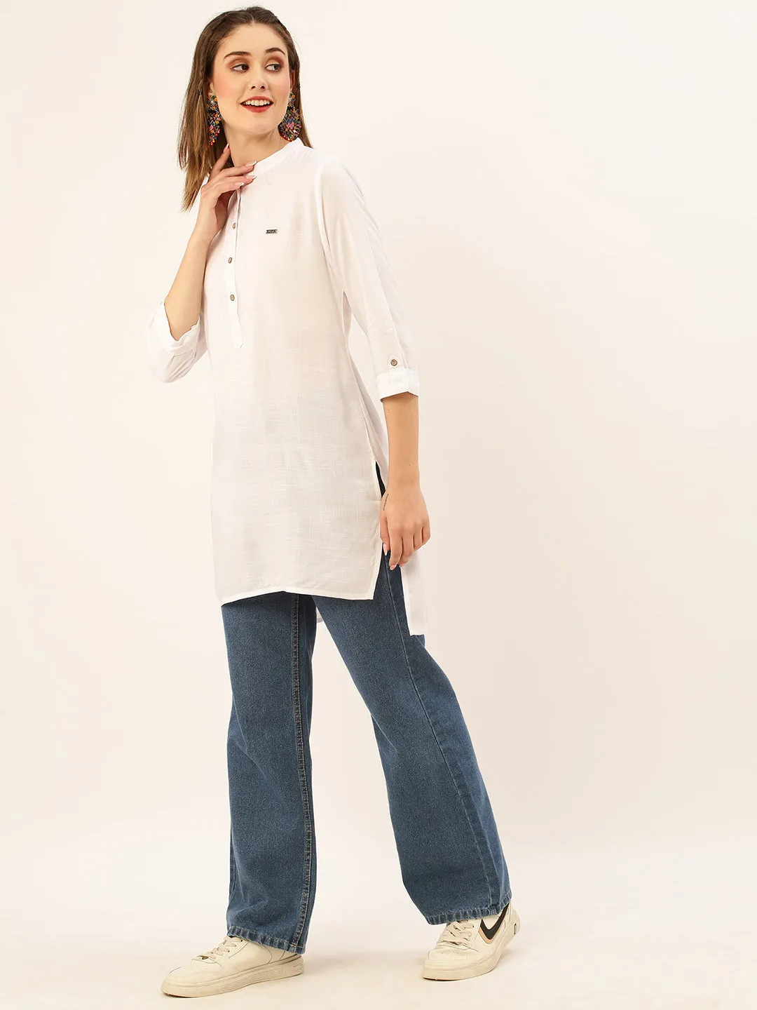 Mandarin Collar Rayon Solid White Straight Tunic For Women - ZOLA