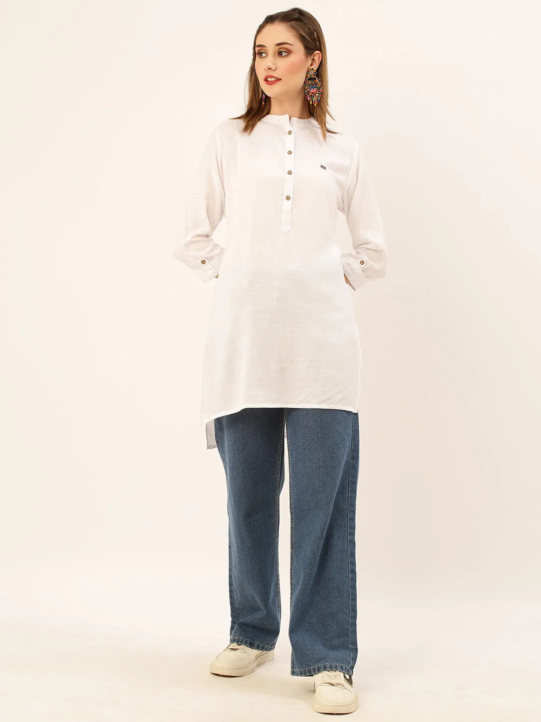Mandarin Collar Rayon Solid White Straight Tunic For Women - ZOLA