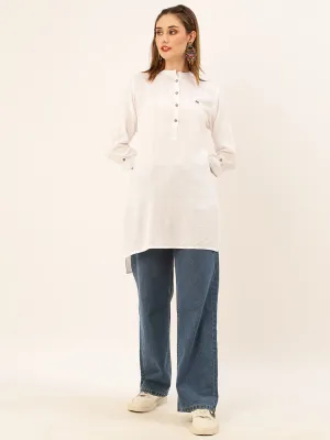Mandarin Collar Rayon Solid White Straight Tunic For Women - ZOLA