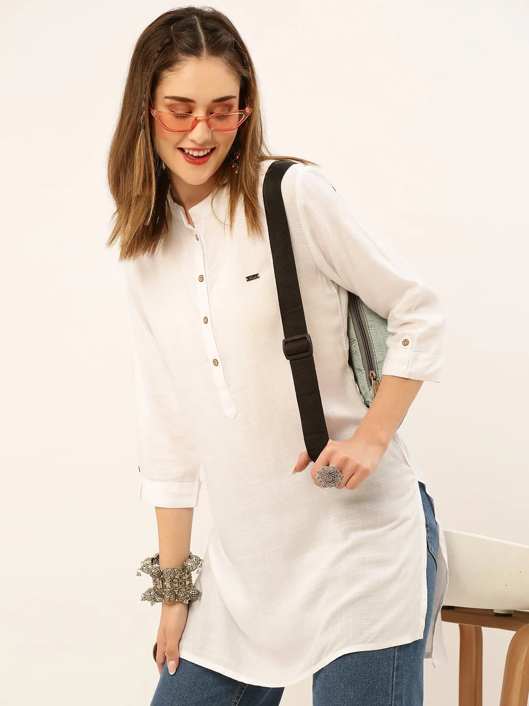Mandarin Collar Rayon Solid White Straight Tunic For Women - ZOLA