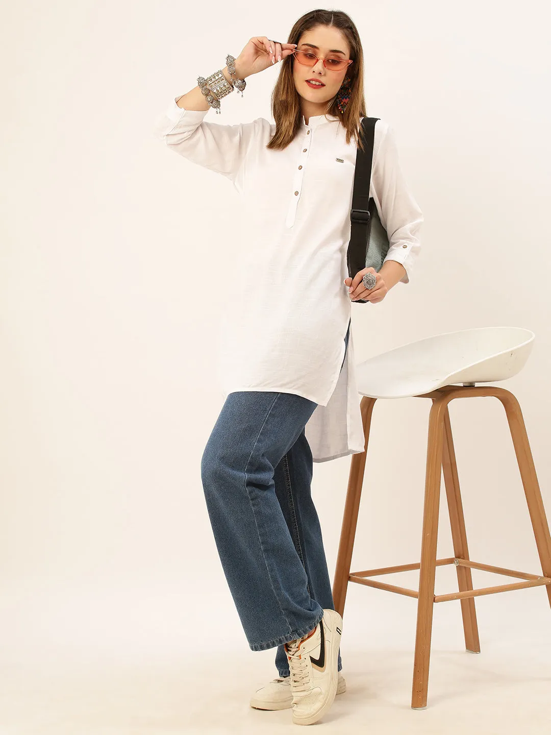 Mandarin Collar Rayon Solid White Straight Tunic For Women - ZOLA