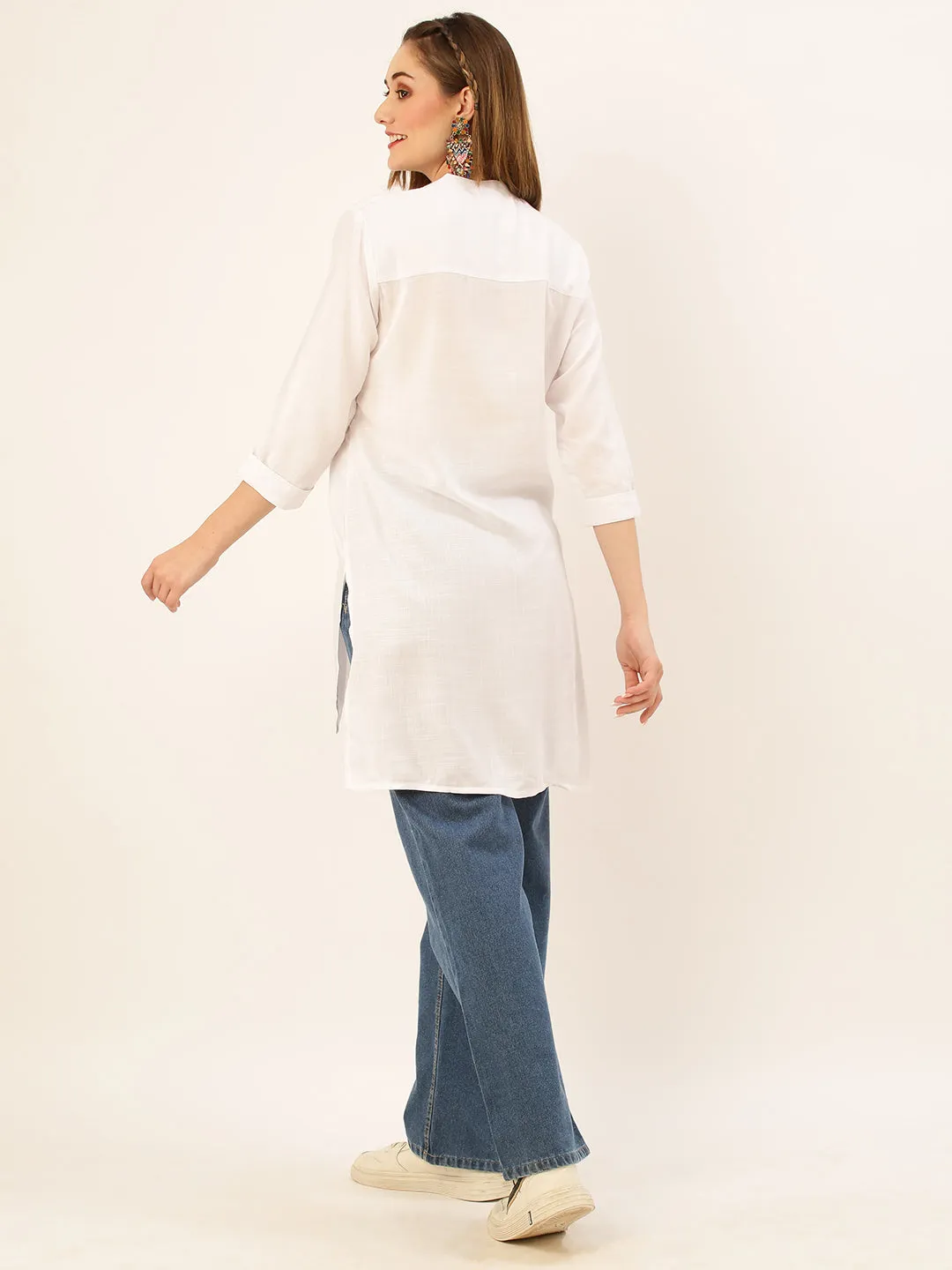 Mandarin Collar Rayon Solid White Straight Tunic For Women - ZOLA