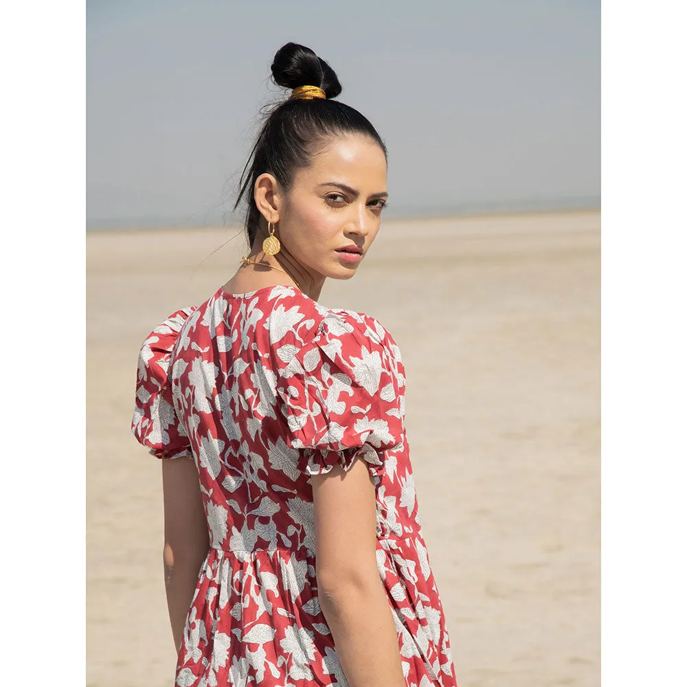 MARCHE Red Lilies Hand Block Printed Cotton Tiered Wrap Dress