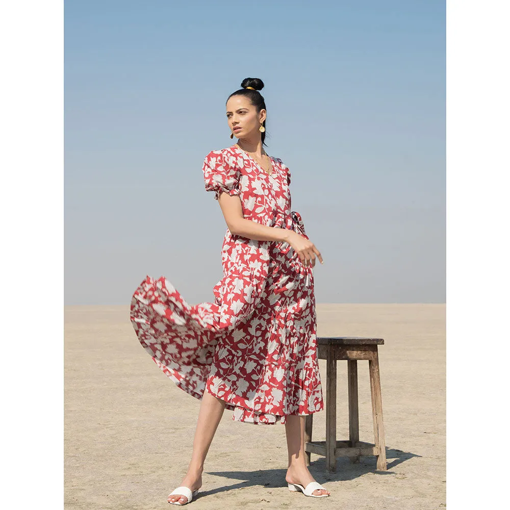 MARCHE Red Lilies Hand Block Printed Cotton Tiered Wrap Dress