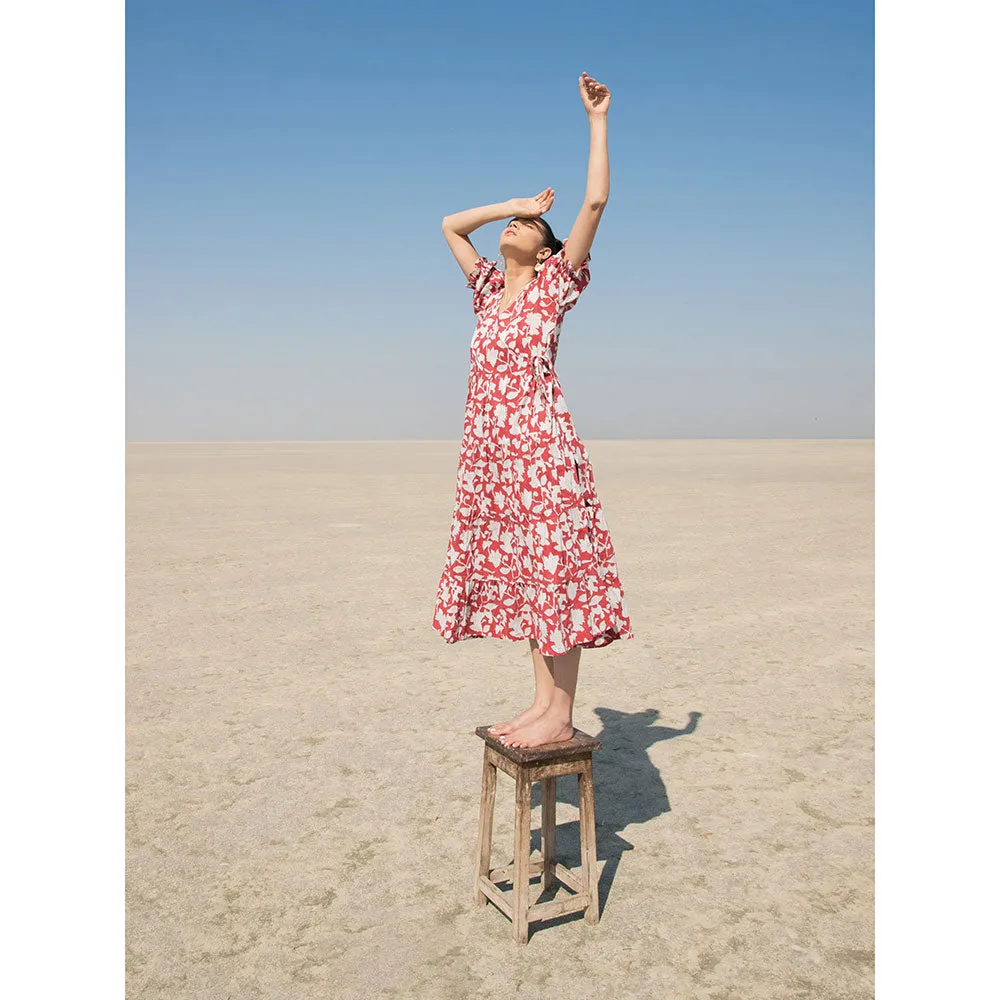 MARCHE Red Lilies Hand Block Printed Cotton Tiered Wrap Dress