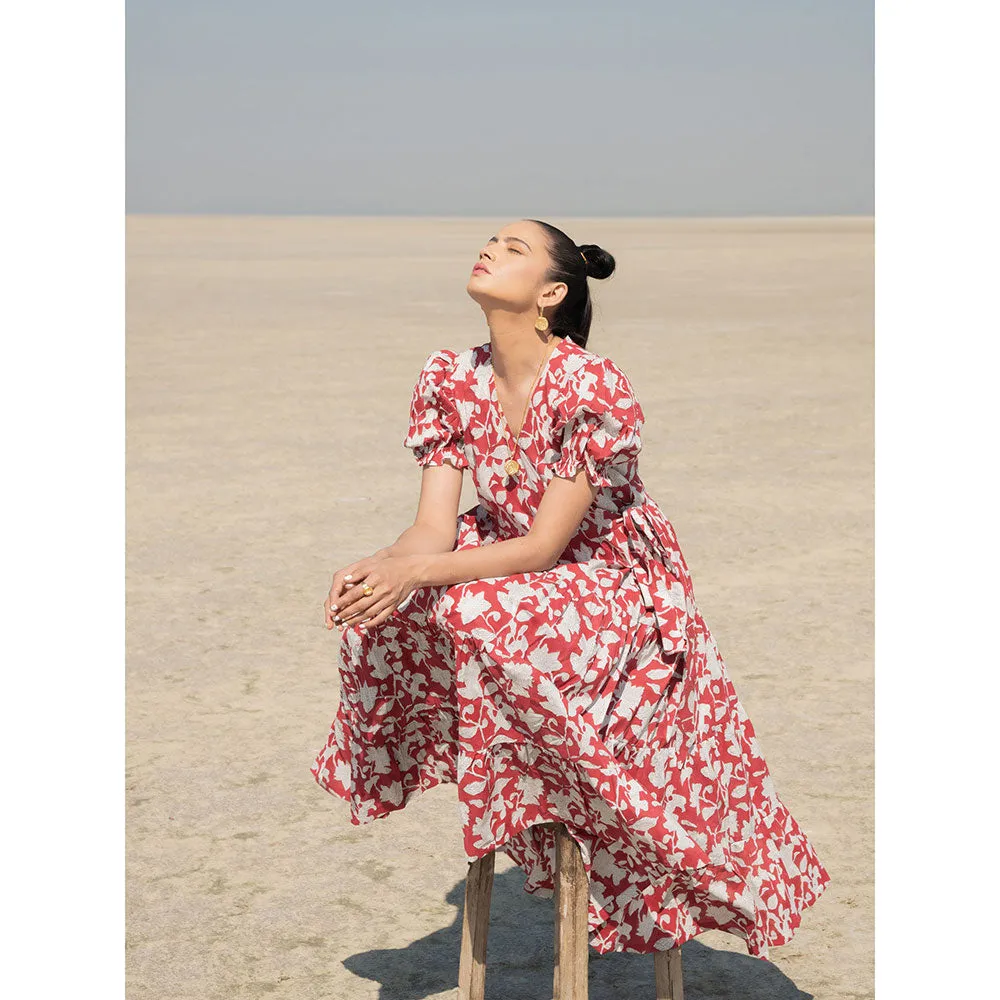 MARCHE Red Lilies Hand Block Printed Cotton Tiered Wrap Dress