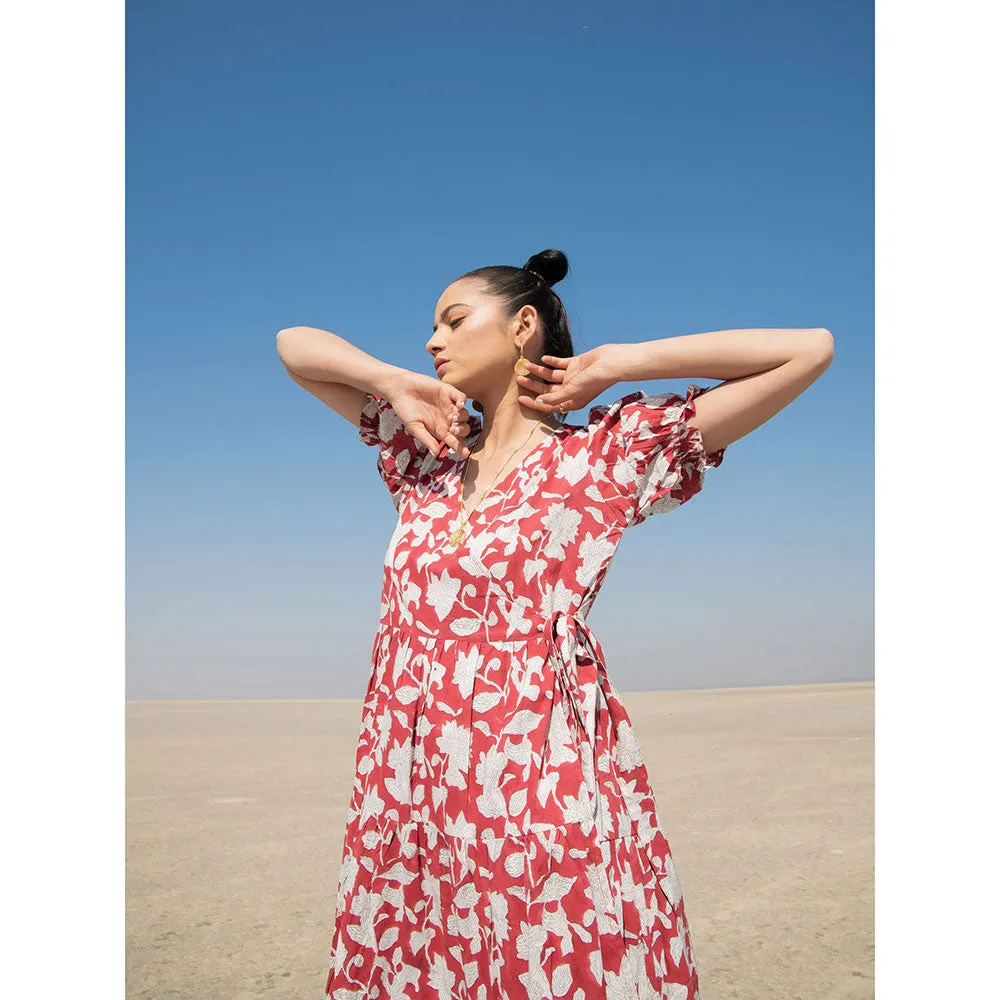 MARCHE Red Lilies Hand Block Printed Cotton Tiered Wrap Dress