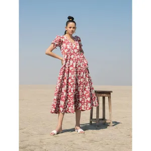 MARCHE Red Lilies Hand Block Printed Cotton Tiered Wrap Dress