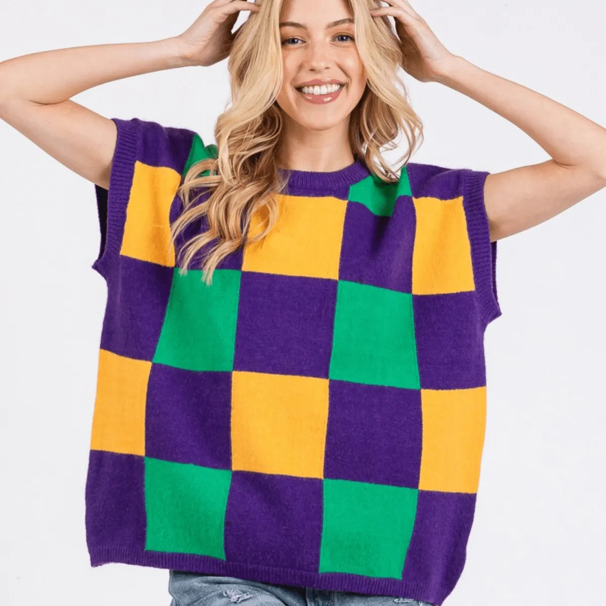 Mardi Gras Checkered Sweater Vest
