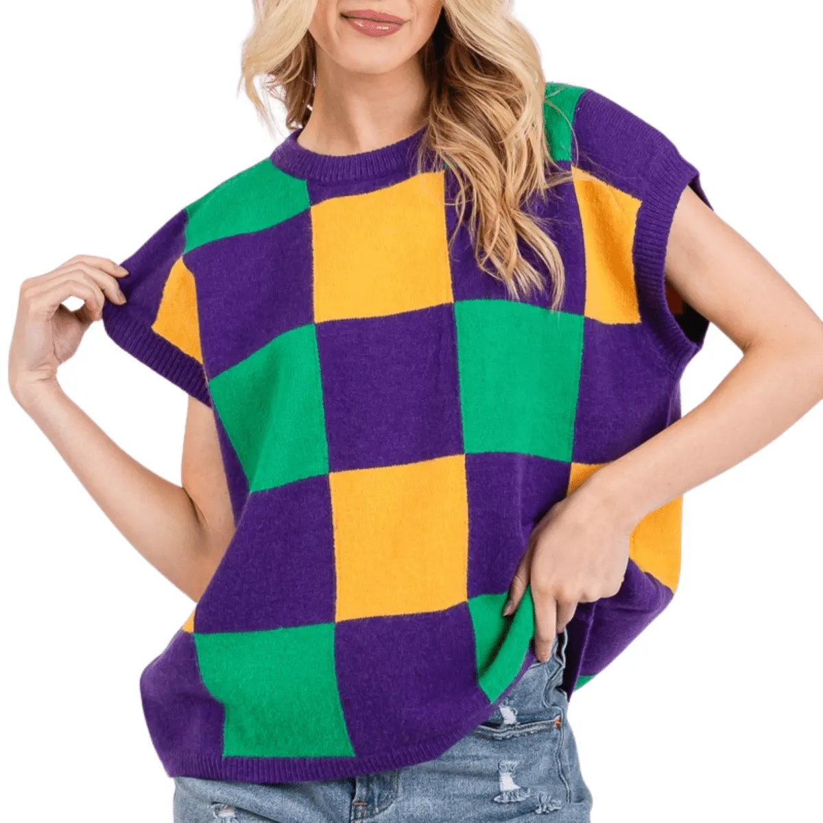 Mardi Gras Checkered Sweater Vest