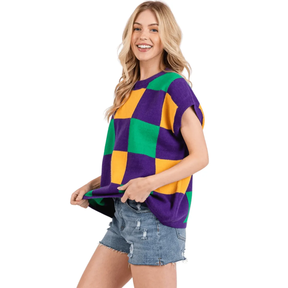 Mardi Gras Checkered Sweater Vest