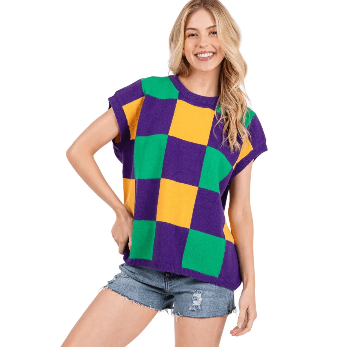 Mardi Gras Checkered Sweater Vest